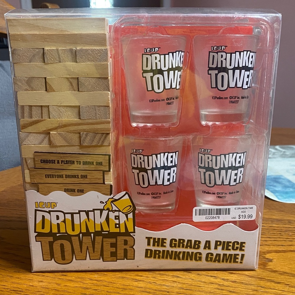 Drunken Tower Drinking Game Set - Natural Wood & Clear Shot Glasses